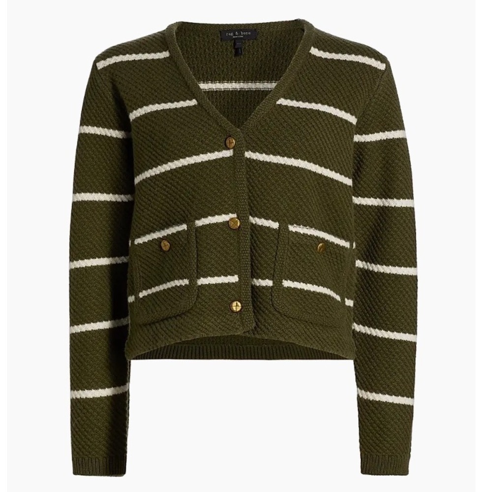 Rag & Bone Peggy Striped Wool V Cardigan Army Green Large New With Tags